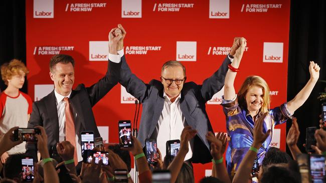 Chris Minns with PM Anthony Albanese and his wife, Anna Minns. Picture: Sam Ruttyn