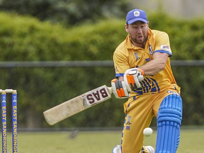 South East CA prelim final: East Sandringham v Elwood. Elwood keeper Stewart Clark and East Sandringham batsman Mark Devereaux. Picture: Valeriu Campan