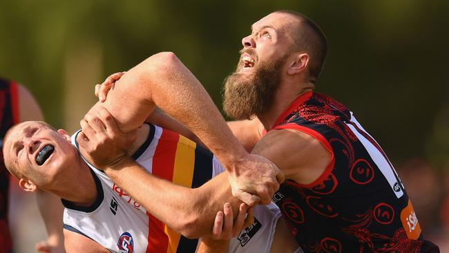 Crow Sam Jacobs tried hard, but Demon Max Gawn had the better of the duel. Pic: Getty Images