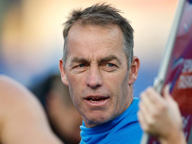 HOBART, AUSTRALIA - MAY 13: Alastair Clarkson, Senior Coach of the Kangaroos addresses his players during the 2023 AFL Round 09 match between the North Melbourne Kangaroos and the Port Adelaide Power at Blundstone Arena on May 13, 2023 in Hobart, Australia. (Photo by Dylan Burns/AFL Photos via Getty Images)