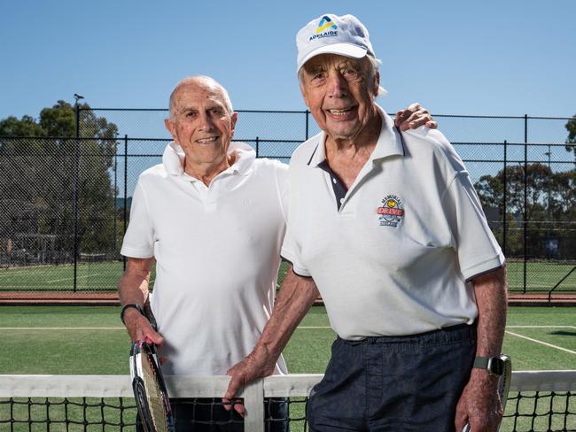 26.09.23 - WWII veteran and former Keith farmer Henry Young (right) turned 100 today and to celebrate, he played tennis with  Michael Donaldson, 90, at the South Parkland Hockey & Tennis Centre. Mr Young previously played tennis in January in the "Clash of the Centurions" with Ukranian counterpart Leonid Stanislavskyi. Picture: Naomi Jellicoe