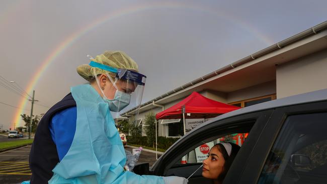 Local resident Amreen Khan attends The Crossroads Hotel Pop up COVID 19 testing clinic in Casula. Picture: Gaye Gerard