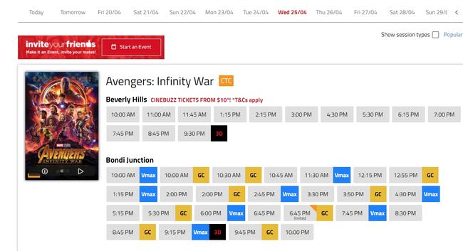 Event Cinemas session times for Avengers: Infinity War