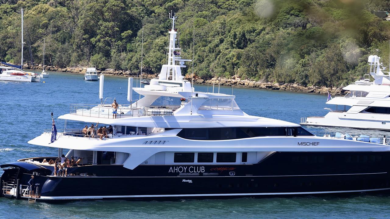 The multi-millionaire Hollywood talent agent and the actress spent Sunday afternoon on-board this luxury super yacht with family and friends. Picture: ©MEDIA-MODE.COM