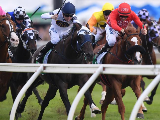 Burning Passion, ridden by Joshua Parr, takes the inside running at Royal Randwick. Picture: AAP