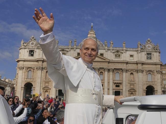 Pope Leo XIV on his popemobile tours St. Peter's Square at the Vatican prior to the inaugural Mass of his pontificate. Picture: AP