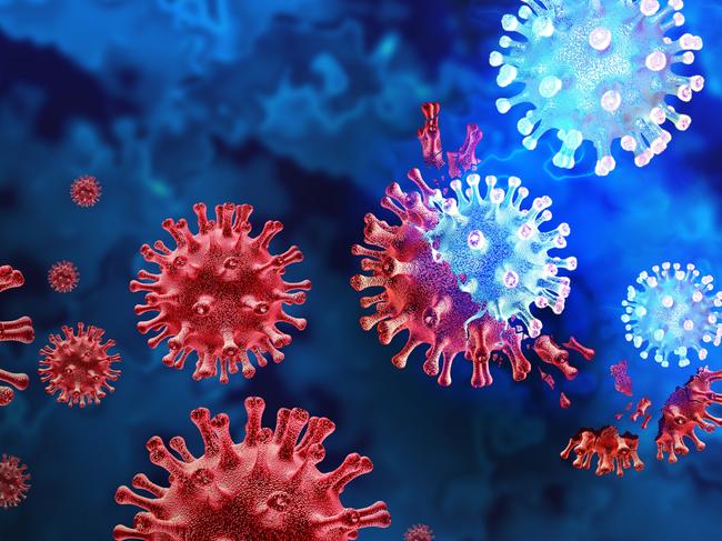 Mutating virus variant and cell mutation variants as a health risk concept and new coronavirus outbreak or covid-19 viral cells mutations and influenza background as a 3D render.