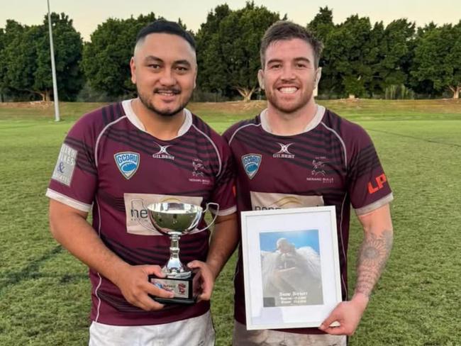 Nerang Bulls captain Sheldon Fidow (L) poses with the Navar Herbert Cup alongside debutant Kohan Herbert, Navar's younger brother, on May 24 2025. Picture: Vanessa Herbert
