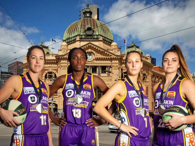 Melbourne Boomers Jenna O'Hea, Ezi Magbegor, Steph Talbot and Cayla George pictured ahead of the start of the WNBL season on Saturday night. Picture: Mark Stewart