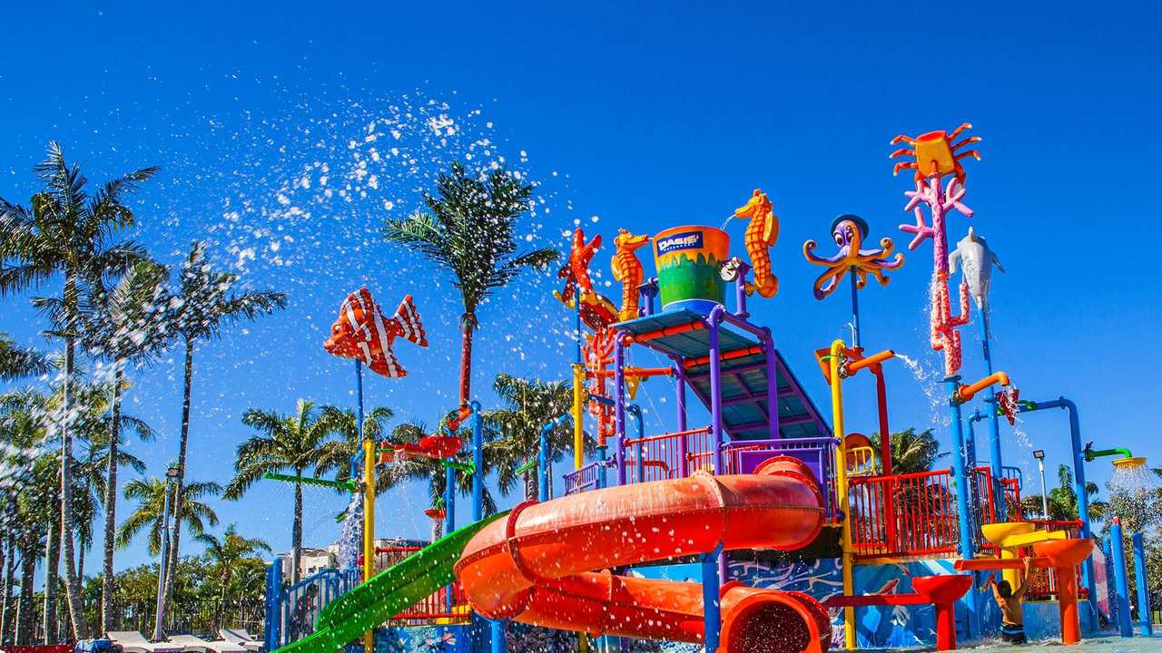 Jack and Stella Bromirski have often looked longingly at the The Oaks Oasis Adventure Park in Caloundra, and after mum Jodie won the Sunshine Coast Family Holiday the kids now have a chance to enjoy the waterpark. Picture: Contributed