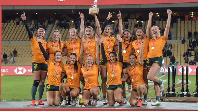 Australia celebrate their victory in the World Rugby Sevens in Seville. Picture: Cristina Quicler/AFP