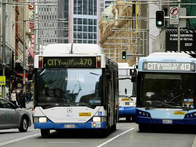 Buses heading down George Street. Checking the speed of Buses in Sydney. Picture: John Appleyard