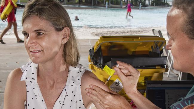 Registered Nurse Karen Hollard receives her Covid-19 booster shot from public health nurse Lisa Mazlin at the pop-up vaccination clinic at The Lagoon on the Esplanade in November 2021. Picture: Brian Cassey.