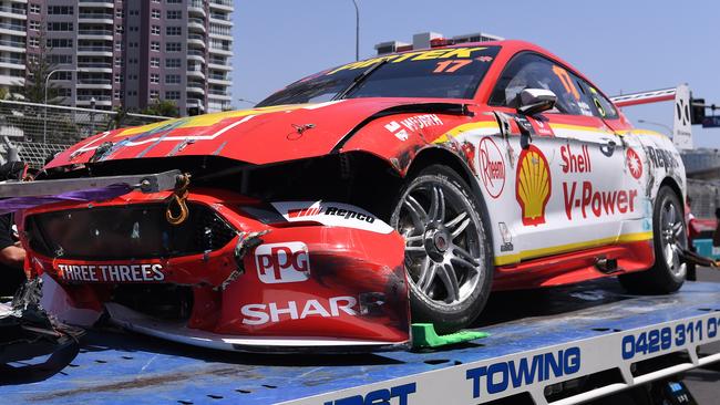 Scott McLaughlin’s car after his crash on the Gold Coast. Picture: AAP