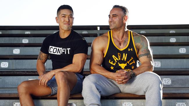 Joe Kwon (left) and Nick Houllis from Convict Fitness at Redfern Oval. Picture: Sam Ruttyn