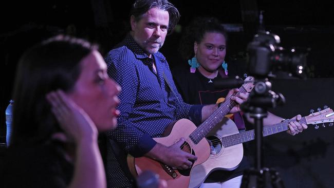 Jorgensen, left, with former Powderfinger bassist John Collins and Waveney Yasso on guitar. Picture: Lyndon Mechielsen.