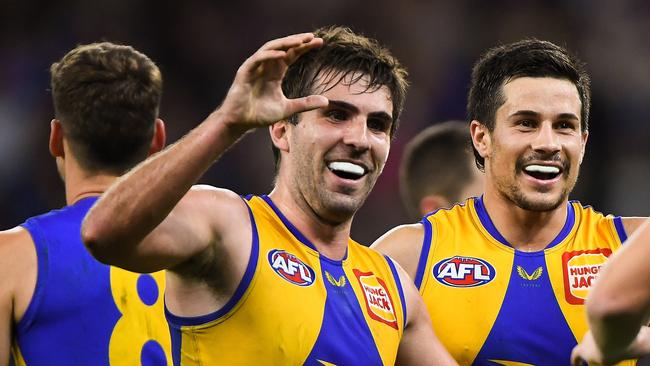 PERTH, AUSTRALIA - JUNE 13: Andrew Gaff and Liam Duggan of the Eagles celebrate the win on the final siren during the 2021 AFL Round 13 match between the West Coast Eagles and the Richmond Tigers at Optus Stadium on June 13, 2021 in Perth, Australia. (Photo by Daniel Carson/AFL Photos via Getty Images)