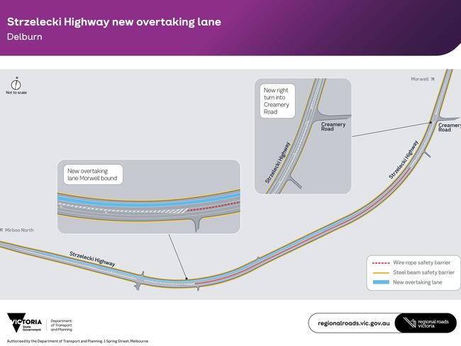 Map of Strzelecki Highway's new overtaking lane and right turn lane between Morwell and Mirboo North. Picture: Regional Roads Victoria