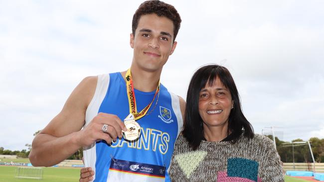 Saints Athletic Club sprinter Aidan Murphy and his mum Tania Van Heer after winning the men's open 200m and breaking a 41-year-old state record at the State Track and Field Championships. Picture: Athletics SA