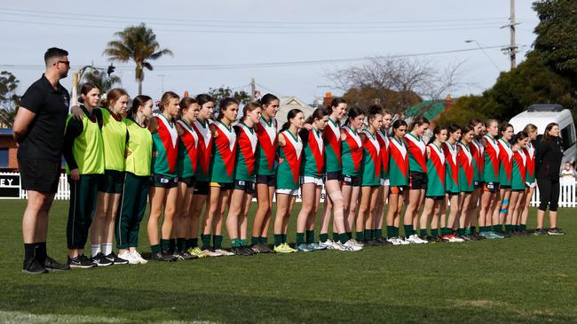 Clonard College players lineup for the national anthem during the 2022 Herald Sun Shield Intermediate Girls Grand Final match between Ballarat Clarendon College and Clonard College Geelong at the ETU Stadium on July 27, 2022 in Melbourne, Australia. Picture: Dylan Burns/AFL Photos via Getty Images