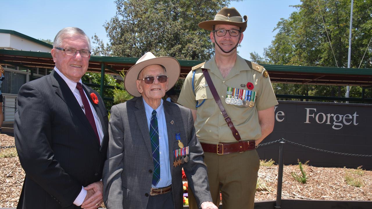 Mayor Keith Campbell with veteran Doug Farmer and Major Craig Campbell at the 2019 Kingaroy Remembrance Day service at KSHS. (Photo: Jessica McGrath)