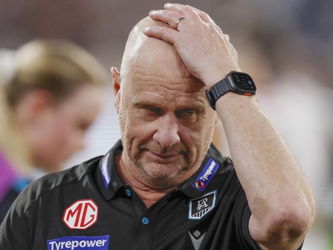 Ken Hinkley during the big loss to Collingwood. Picture: Michael Klein