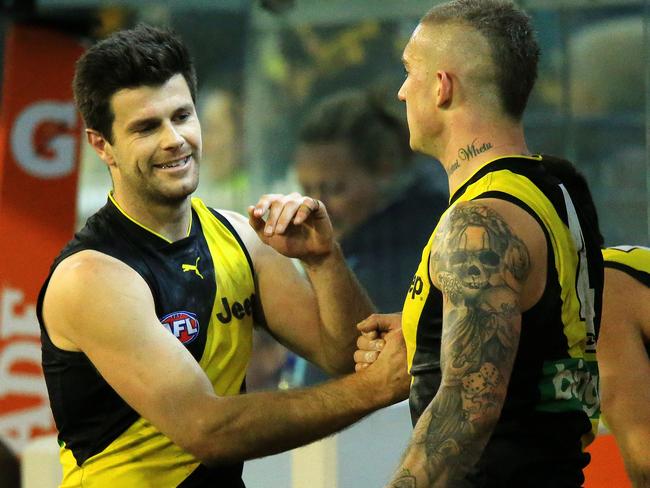 Trent Cotchin and Dustin Martin celebrate Richmond’s win. Picture: Mark Stewart