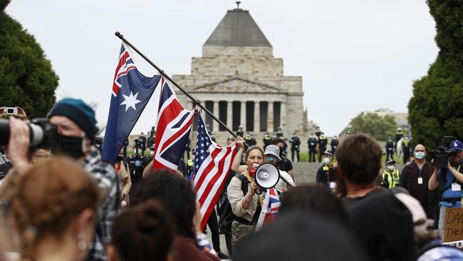 Protesters at an anti-lockdown protest at the Shrine of Remembrance in Melbourne on Friday. Picture: NCA NewsWire/Daniel Pockett