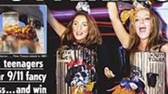 The front page of Tuesday's Sun shows British teenagers Amber Langford and Annie Colling dressed as the Twin Towers. 