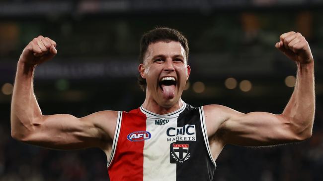 MELBOURNE, AUSTRALIA - August 19, 2023. AFL .   Rowan Marshall of the Saints celebrates a 4th quarter goal during the round 23 match between St Kilda and Geelong at Marvel Stadium in Melbourne, Australia.  Photo by Michael Klein.