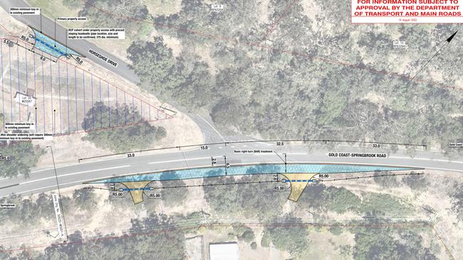 Intersection changes proposed by applicants seeking to build a bus depot at the corner of Horseshoe Dr and Gold Coast Springbrook Rd in Mudgeeraba.