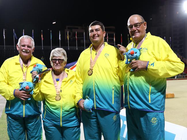 Gold Coast lawn bowler Jake Fehlberg (second from right) at the Commonwealth Games. Picture: BOWLS QUEENSLAND