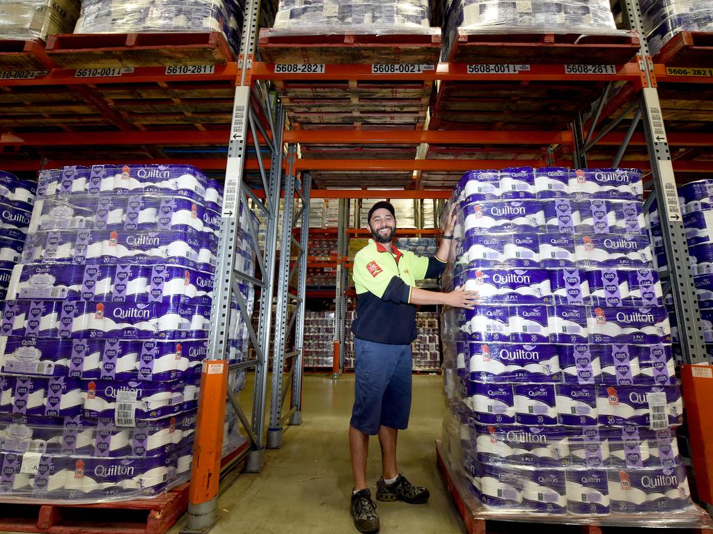 Coles Truganina Distribution Centre. Linfox forklift driver Joseph Camilleri confirmed that there was enough toilet paper for everyone. Picture: Tony Gough