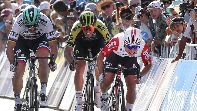 Ewan leads Peter Sagan and Alex Edmondson over the line. Picture: Sarah Reed.