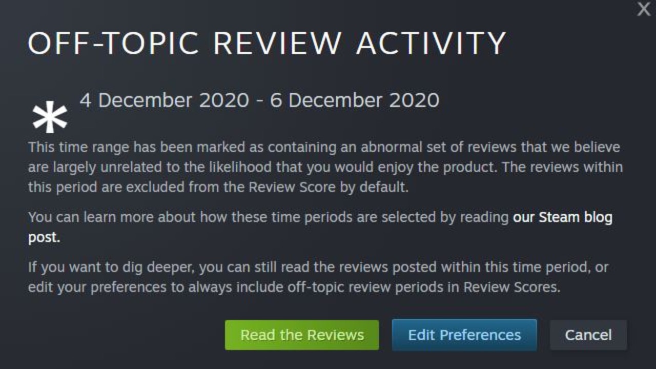 Steam warned users about ‘off topic’ review activity.