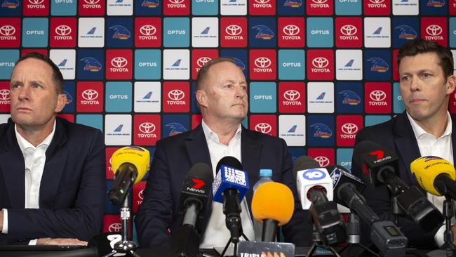 Outgoing Crows coach Don Pyke, chairman Rob Chapman and CEO Andrew Fagan at Thursday’s press conference at West Lakes. Picture: AAP/Emma Brasier