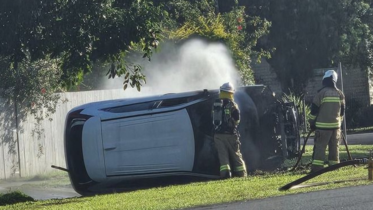 A stolen car was set alight on Koch St, Mooroobool in Cairns on September 13, 2024. Picture: Kirsty Green