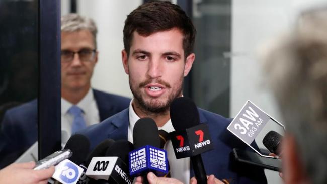 Ben Stratton speaks to the media after he was banned by the AFL Tribunal. Picture:: Getty Images