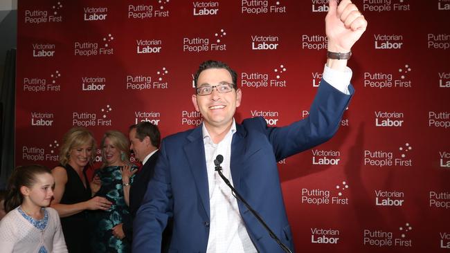 Daniel Andrews on stage at the Mulgrave Country Club at the end of the election night. Picture: Alex Coppel.