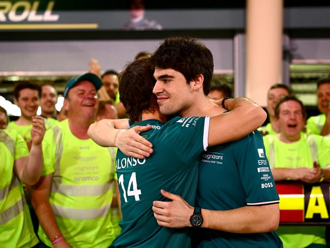 (l-R) Fernando Alonso and Lance Stroll embrace after the F1 Grand Prix of Bahrain. Picture: Getty Images