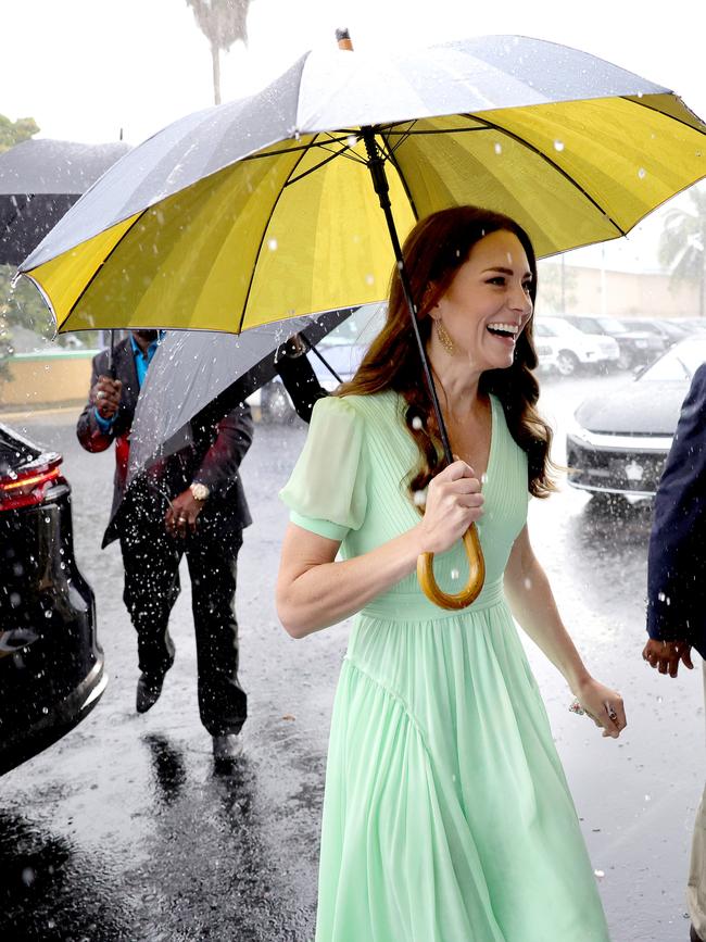 Catherine the Duchess of Cambridge arrives to attend a special combined school assembly at Sybil Strachan Primary School the Bahamas. Picture: Getty.