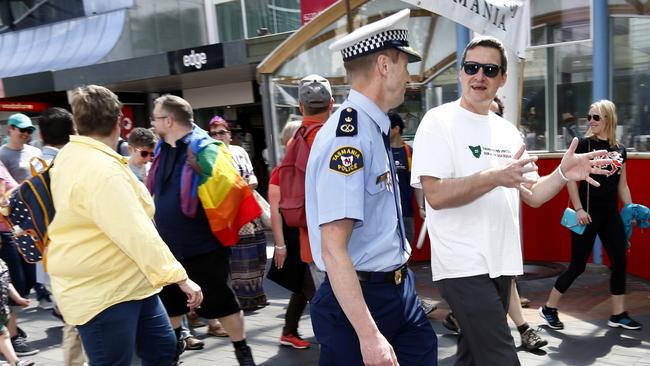 The Pride Parade from North Hobart to Parliament Lawns. in Hobart,, picture of police commissioner Darren Hine with gay rights spokesperson Rodney Croome,