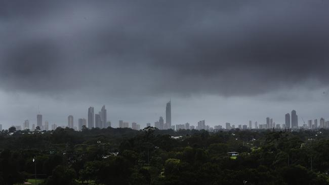 Storm clouds over Surfers Paradise on Friday morning. Picture: Glenn Hampson.