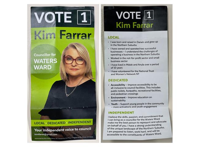 Kim Farrar voting flyer for the 2022 Waters Ward by-election.