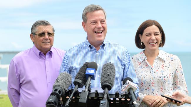 Tim Nicholls (centre) with Deputy Opposition Leader Deb Frecklington and Local MP Ted Sorensen during a doorstop at Enzo's On The Beach Cafe in Hervey Bay. Picture: AAP Image/Tracey Nearmy