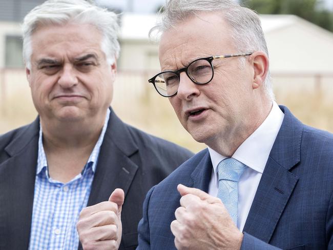 Labor leader Anthony Albanese and Lyons MP Brian Mitchell at Sorell. Picture: Chris Kidd