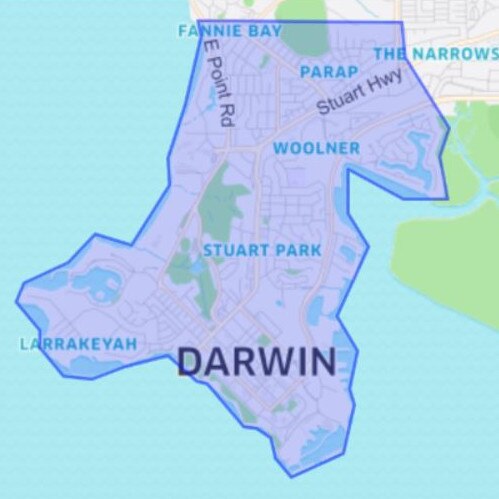 A map showing the areas that Uber Eats will deliver to in Darwin when it begins operating in early July