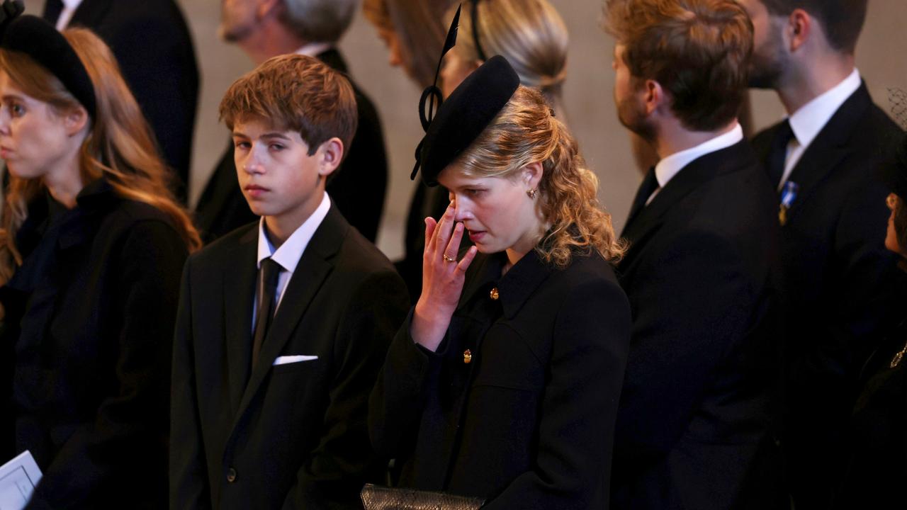 Lady Louise Windsor, next her brother James, the near Earl of Wessex, wipes away a tear as her late grandmother the Queen lies in state. (Photo by Ian Vogler - WPA Pool/Getty Images)