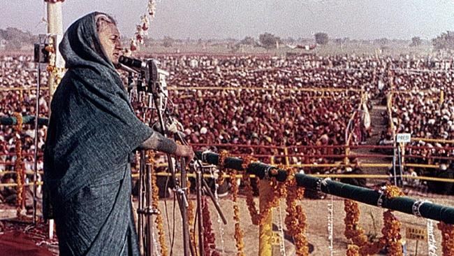 Prime minister Indira Gandhi addresses a crowd in New Delhi, at the start of her national electioneering campaign in 1977. Picture: AP Photo