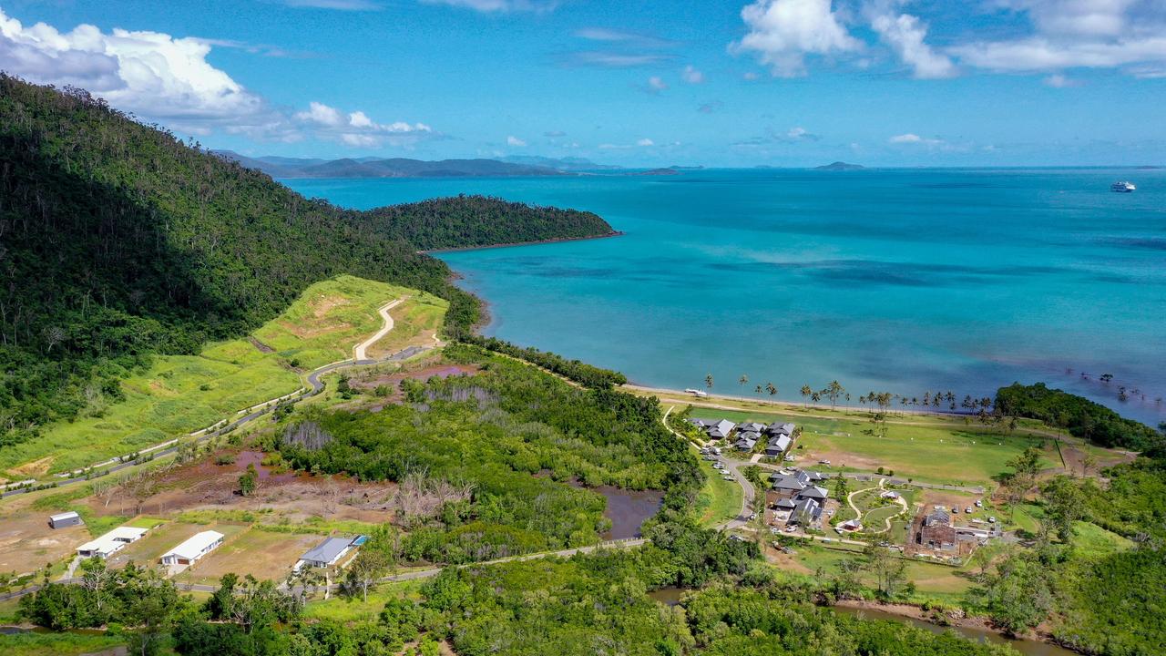 Aerial view of the location for the Funnel Bay resort on the left and Yangaro on the right.